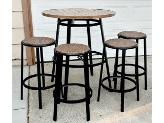 5pc Outdoor Wicker & Metal Bar Set Bistro Patio Dining Furniture Table & 4 Stool